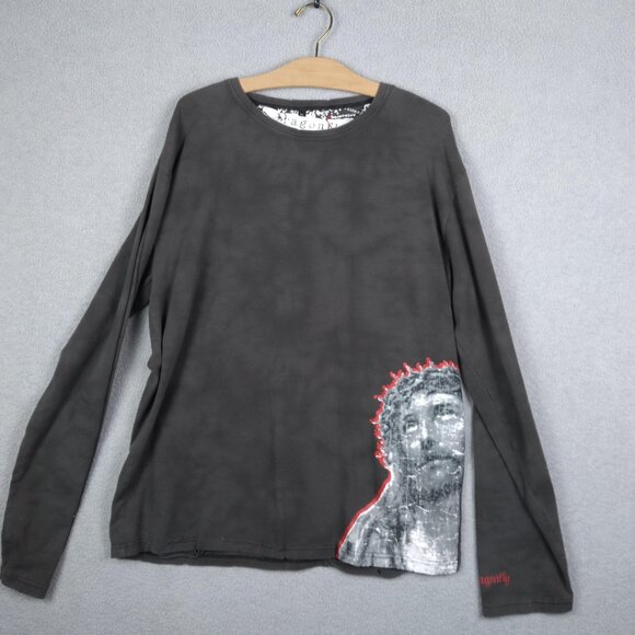 Dragonfly Jesus Graphic Long-Sleeve Tee Distressed Edges XL Cotton Mens Y2K - Picture 2 of 16